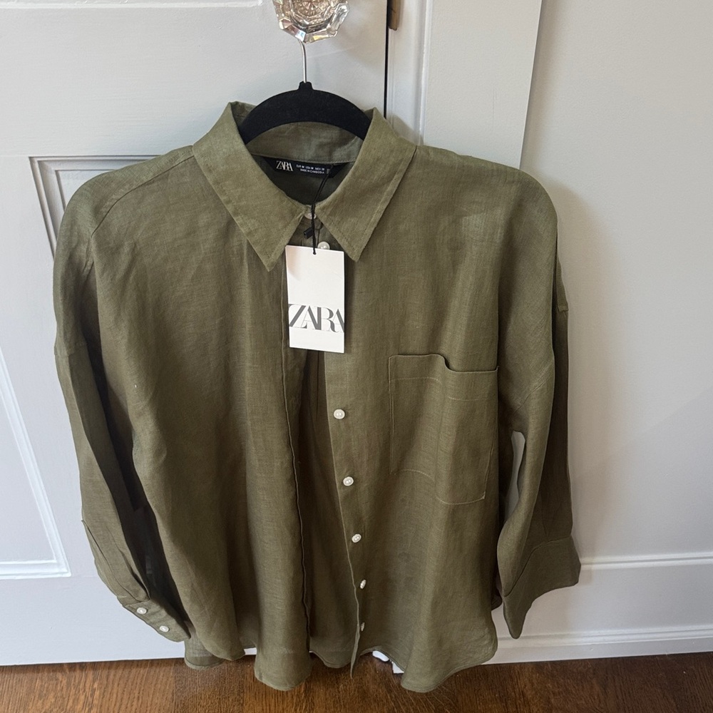 Zara NEW WITH TAGS Khaki Green Casual linen Shirt